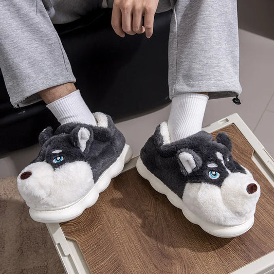 Women Indoor Cotton Slippers Cute Cartoon Dog Winter Warm Shoes Couples Home Floor Slides Anti-slip Female Male House Footwear.