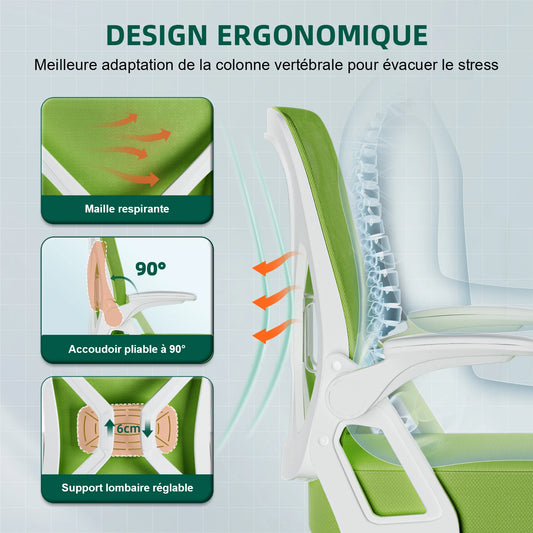 AUTHMIC Ergonomischer Netz-Bürostuhl mit Lordosenstütze, hochklappbaren Armlehnen, verstellbarer und höhenverstellbar für den Schreibtisch zu Hause – Grün