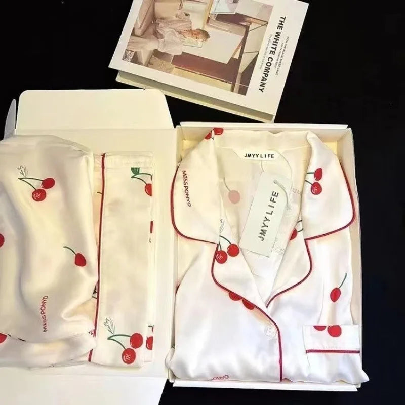 2023 frühling Herbst Neue Eis Seide 2 Stück Pyjamas für Frauen Mode Strickjacke frauen Pyjamas Süße Druck Loungewear Frauen set
