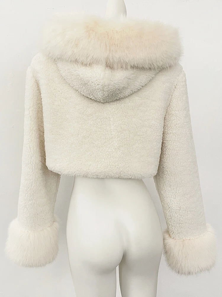 OFTBUY Lammwolle Weibliche Herbst Warme Dicke Faux Pelz Jacke Künstliche Winter Kleidung Frauen Mit Kapuze Kurze Pelzmantel Umweltfreundliche