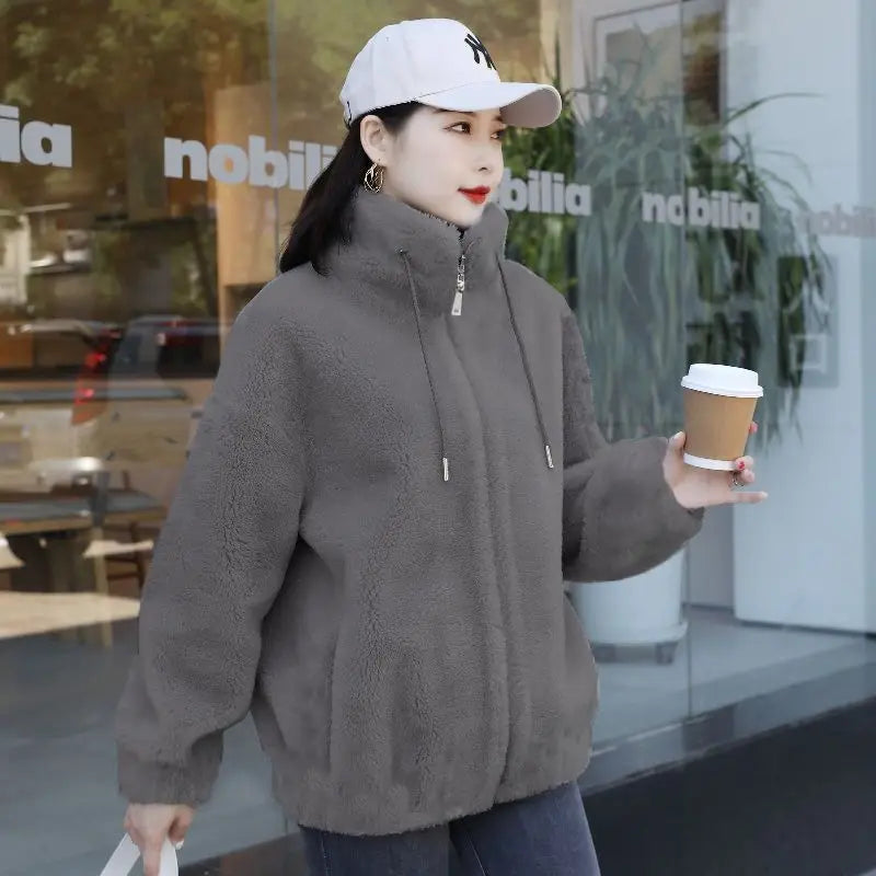 Frauen Winter Doppel Korallen Fleece Warme Mantel Stehkragen Plüsch Dicken Mantel Weibliche Mode Casual Langarm Zipper Kleidung