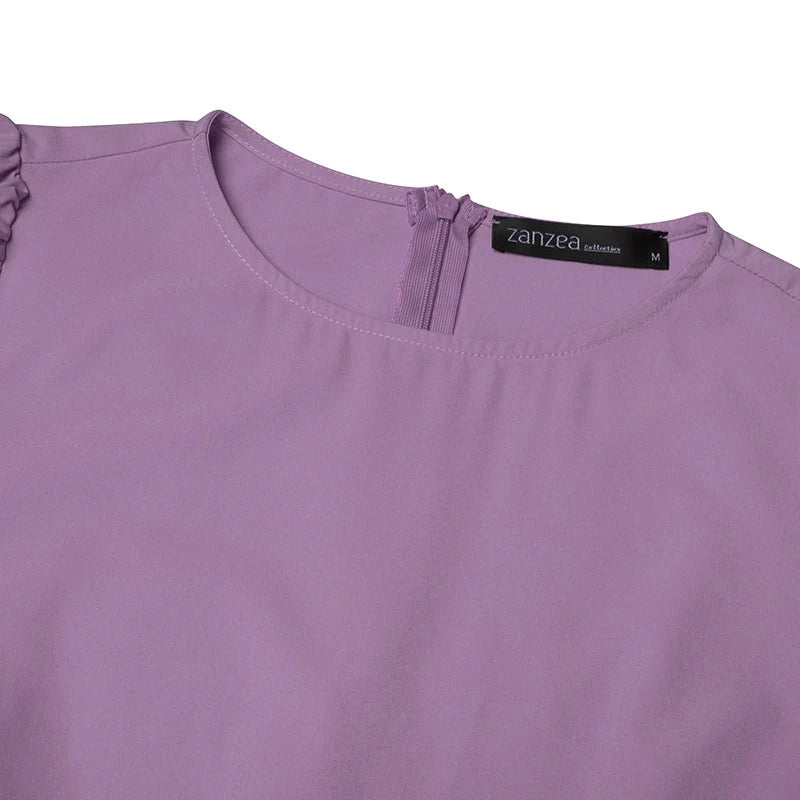 ZANZEA Elegantes Damen-Plisseekleid, edel, gesmokte Bündchen, langärmelig, O-Ausschnitt, Fit und Flare, lang, Vestidos, Pendeln, solide Party-Roben