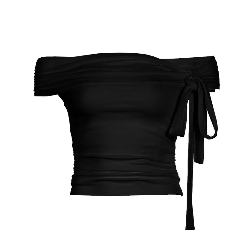 Gentle Style Asymmetric Knotted Straps with One Shoulder Solid Color Top Pleated Waist and Slim and Versatile Short Sleeves.
