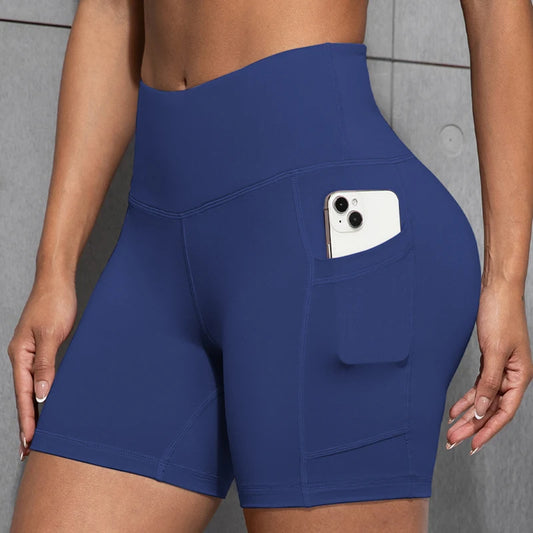 Solid Color Women Shorts with Pockets Butt Lifting Workout Cycling Tights Outdoor Jogging Shorts Fashion Streetwear.