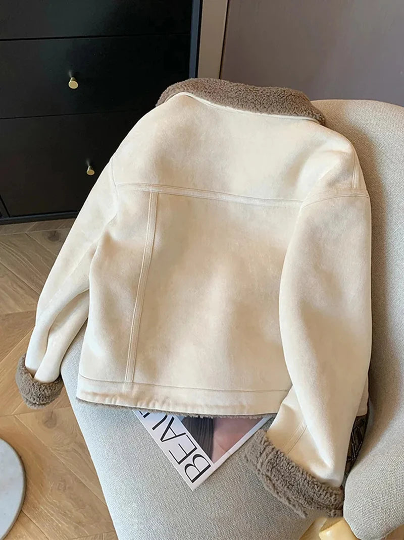 Wildleder Samt Lamm Jacke Frauen Herbst Winter Dicke Warme Turndown Kragen Mantel Y2K Lose Streetwear Alle Spiel Langarm Outwear