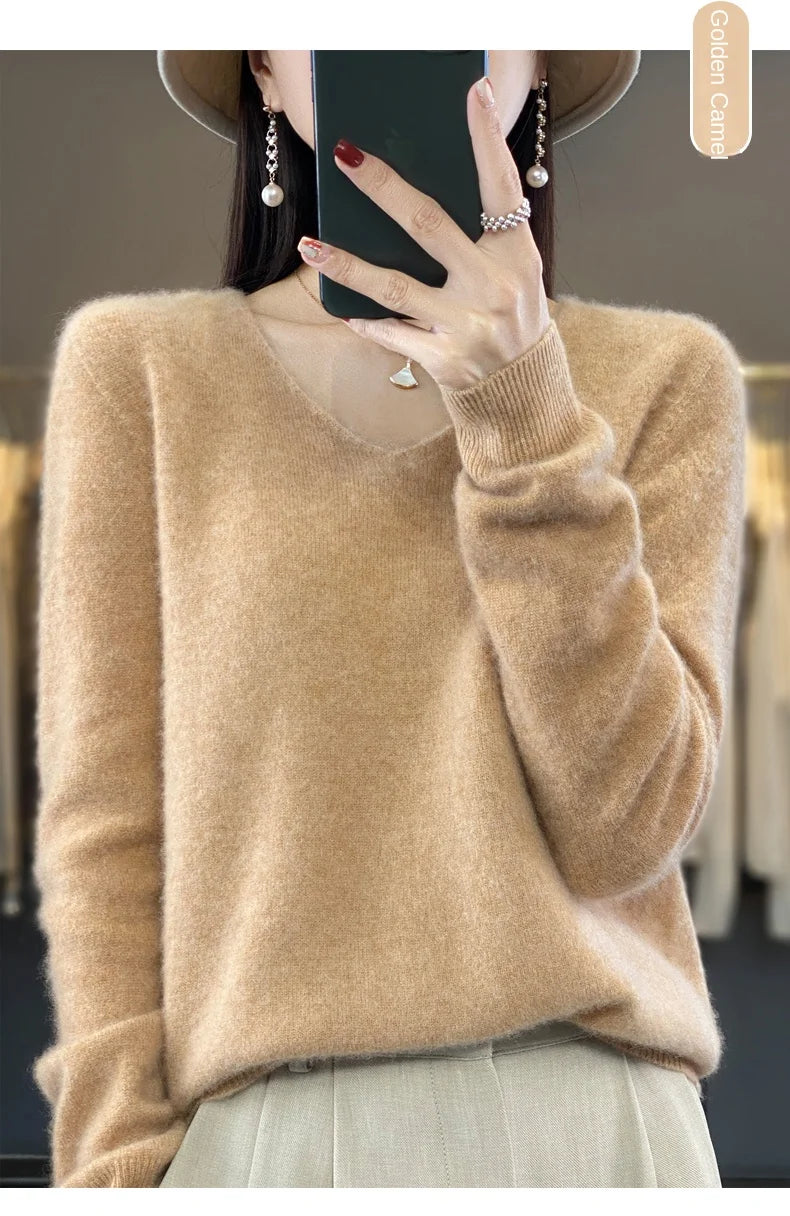 2024 100% Merino Reine Wolle V-ausschnitt Herbst Und Winter Pullover Pullover Neue Kaschmir Pullover frauen Beiläufige Gestrickte Top DMR201