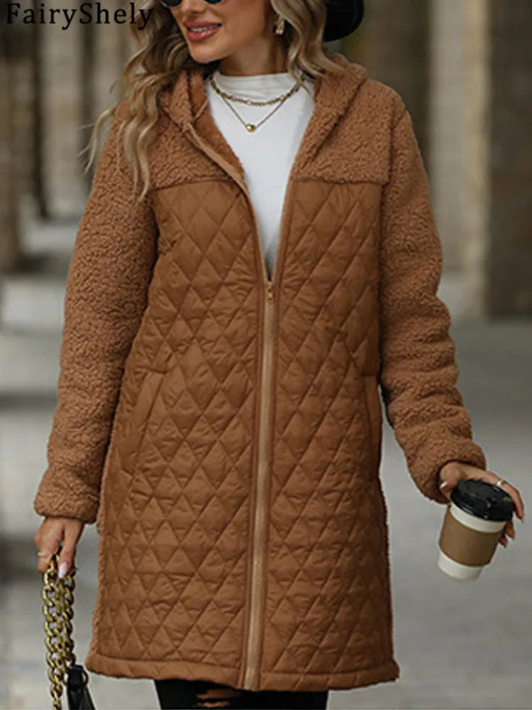 FairyShely 2025 Winter Solide Frauen Jacke Dicken Plüsch Mit Kapuze Warme Lange Hülse Langen Mantel Weiche Zipper Patchwork Strickjacke Dame Mantel