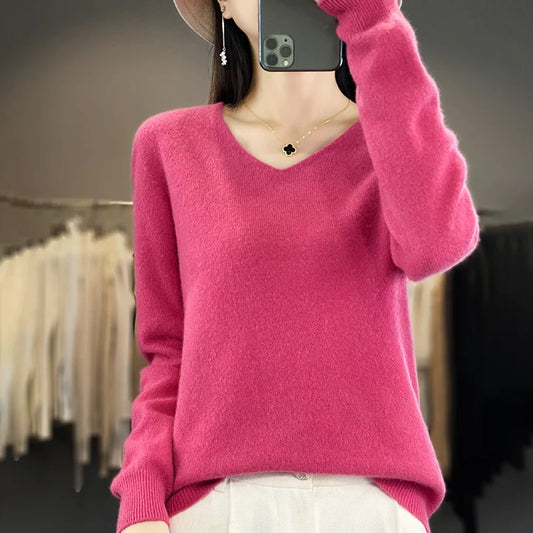 Women 100% Merino Wool Sweater V-Neck Basic Pullover Autumn Winter Cashmere Clothing Long Sleeve Soft Knitwear Tops Solid Color.