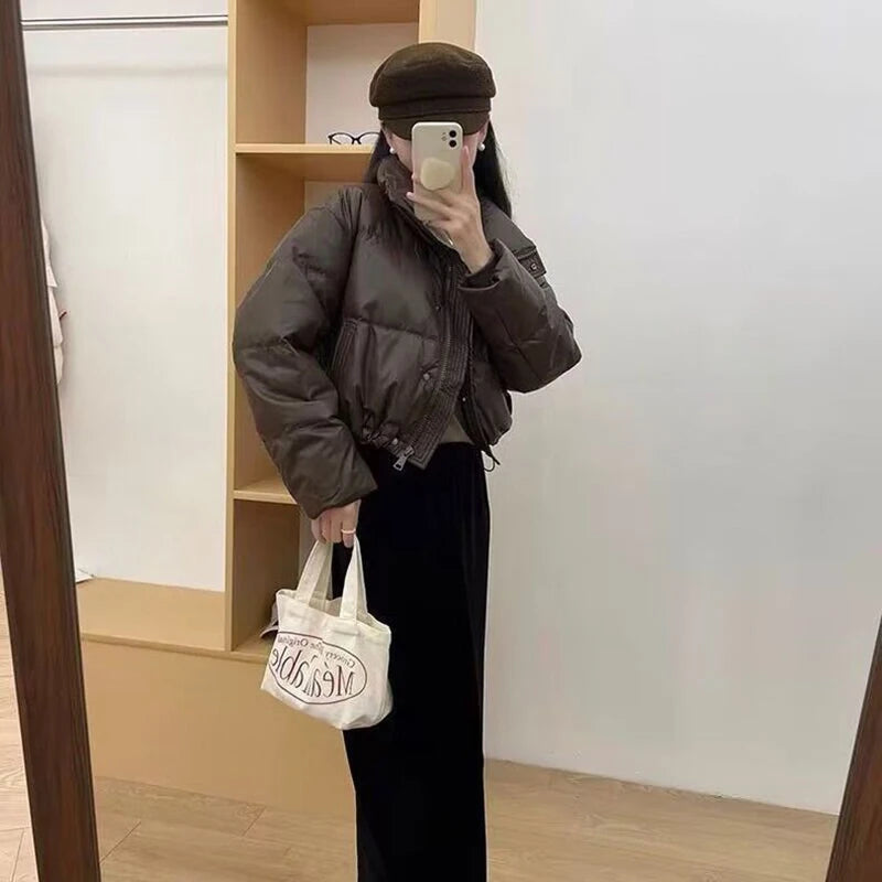 Winter Warme Dicke Parkas Frauen Neue Mode Lose Ernte Jacke Weibliche Schwarz Baumwolle Gepolsterte PU Leder Elegante Zipper Mantel Y2K Tops