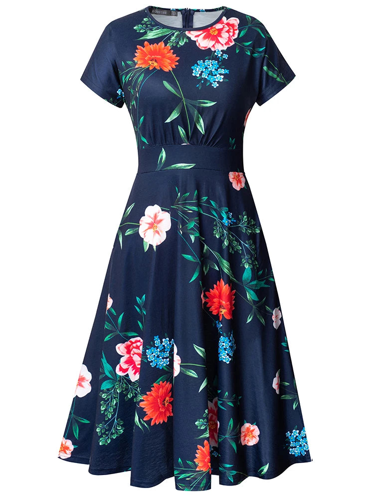 Nice-forever Vintage Elegante Blumen Druck Plissee Rundhals vestidos A-Line Pinup Business Party Frauen Flare Swing Kleid A102