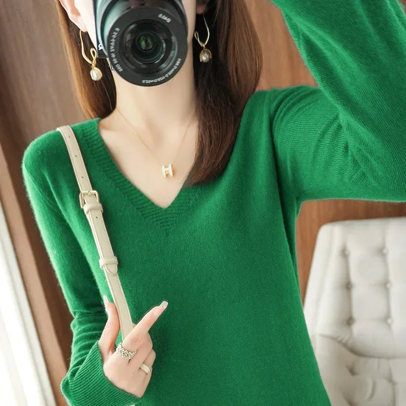 Herbst Winter Frauen Pullover 2025, Koreanische Mode Strickwaren Warme Lange Hülse V-ausschnitt Stricken Pullover Slim Fit Bodenbildung Shirt Jumper
