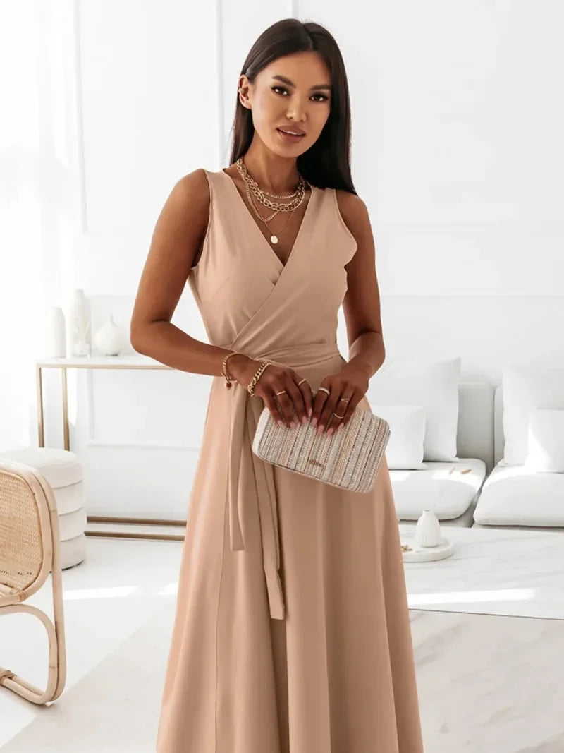 Frühling Sommer Neue Stil frauen Lange V-ausschnitt Kleid Reine Farbe Maxi Kleid Ärmelloses Empire-Taille Kleid für Damen Modische