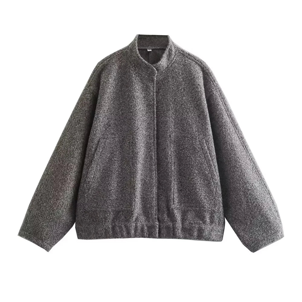 TRZA Frauen Mode Mit Taschen Übergroßen Bomber Jacke Mantel Vintage Langarm Druckknopf Weibliche Oberbekleidung Chic Tops