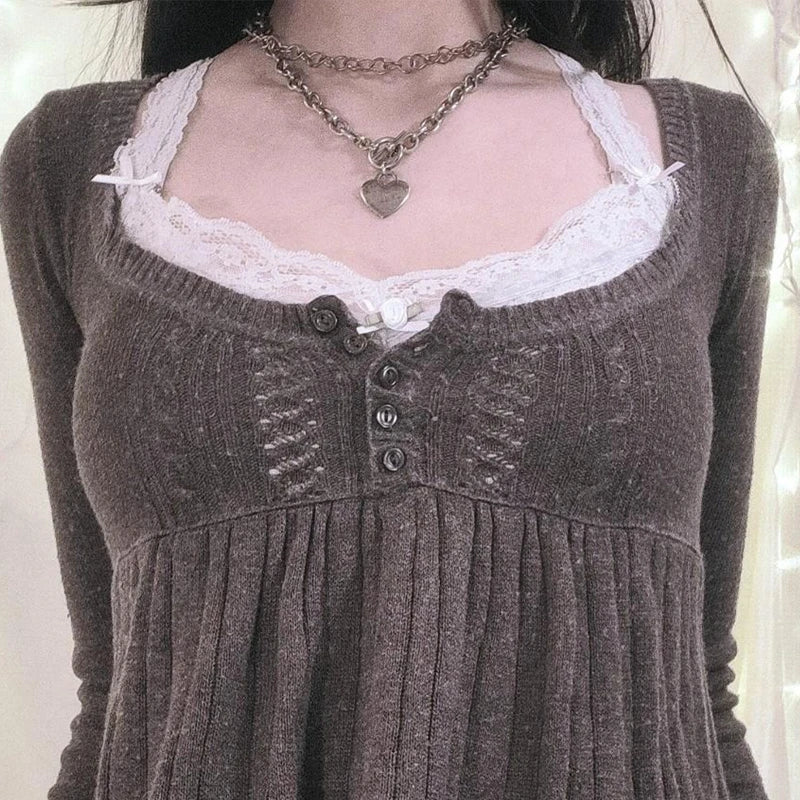 Vintage Babydoll Tops Pullover Lady Ästhetische Kokette Strickpullover Outfit Herbst Square Neck Langarm Strickwaren Pullover Y2k