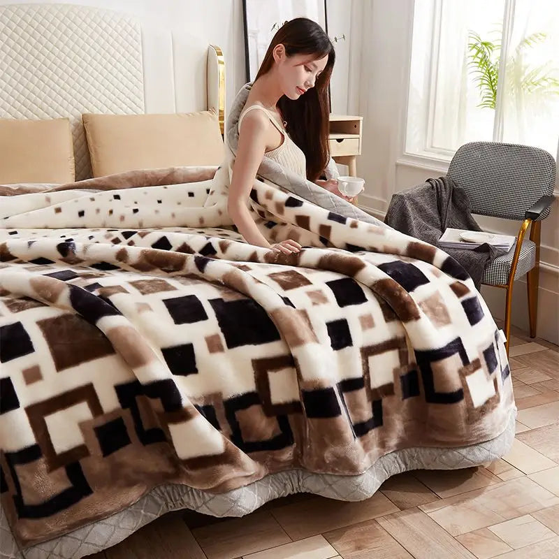 Two People Simple Geometric Printed Blanket Autumn Winter Bedroom Office Nap Quilt Anti Static Machine Washable Bedding Sheets