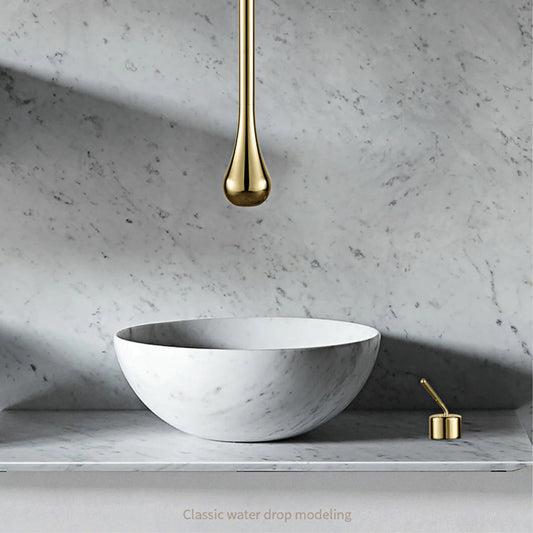 Luxuriöser Badezimmer-Wasserhahn aus gebürstetem Goldmessing im Deckendesign mit doppelter Steuerung von Hot & Cold-Waschtischarmaturen. Einfacher und anpassbarer Wasserhahn