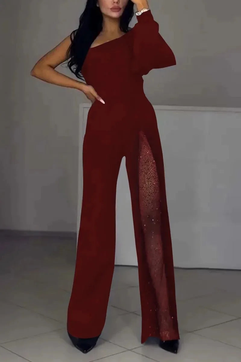 2025 Sping Summer Women's Jumpsuit Casual Comfortable Fashion Sexy Slanted Mesh Slightly Tilted Neck Office Jumpsuits.