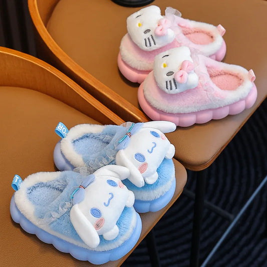Sweet Family Winter Warm Slippers Cute Kawaii Sandals Kuromi My Melody Hello Kitty Soft Sole Shoes.