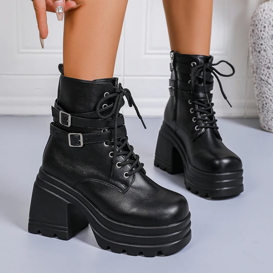 Fashion Buckle Cunky Platform Ankle Boots Women Lace Up Super High Heel Punk Boots Woman Pu Leather Thick Heels Motorcycle Botas.