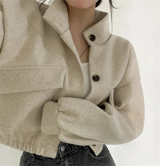 Korean Fashion Herbst Winter Mantel Frauen Neue In Stehen Neck Feste Taste Lose Jacke Dame Casual Straße Outwear Vintage Kleidung.