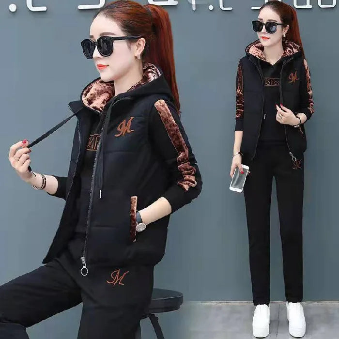 Winter 3 Pcs/Set Women Waistcoat Top Pants Set Letter Embroidery Ladies Winter Tracksuit Color Block Three-piece Sweatpants Set