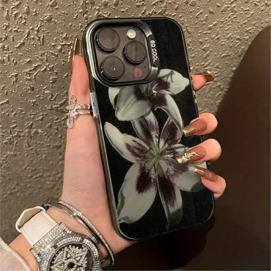 Painting Lily Flower Phone Case For iPhone 17 Air 16 15 14 13 12 11 Pro Max 7 8 Plus Black Hard Cover.