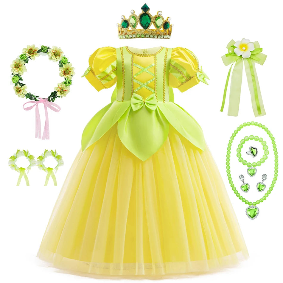 Tiana Fancy Prinzessin Kleid für Mädchen Geburtstag Party Kostüm Kinder Rollenspiel Ballkleid Kinder Karneval Performance Kleidung