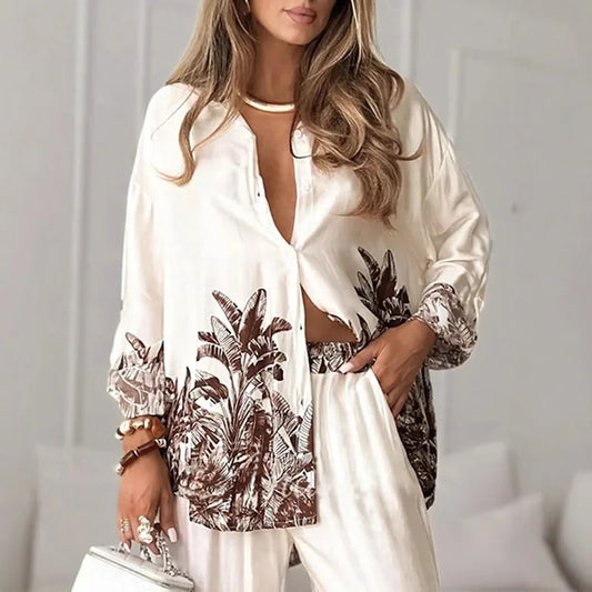 New Autumn Long Sleeve Lapel Shirt Cardigans & Wide Leg Pant Sets Woman 2 Piece Casual Print Single Breasted Suit Leisure Outfit.