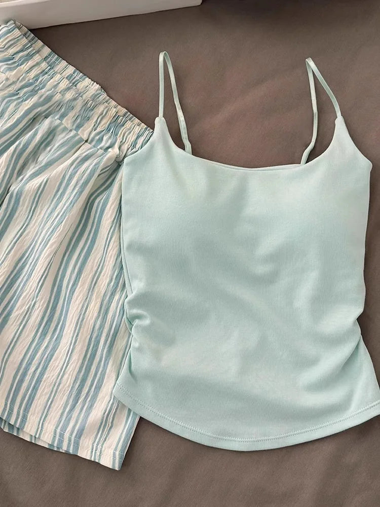 Einfarbiger Pyjama mit Brustpolstern, gestreifte Shorts für Damen, Sommer, dünne Leibchen-Shorts, Loungewear, großer Pyjama, zweiteiliges Set