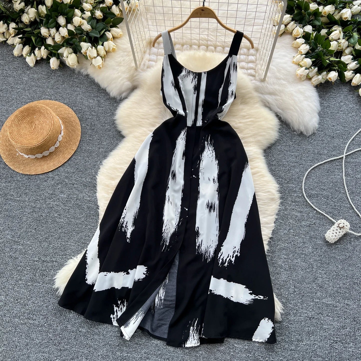 Neue Sommer Druck Süße Kleid Träger O Neck Backless Split Elegante Damen Urlaub Strand Party Midi Sommerkleid