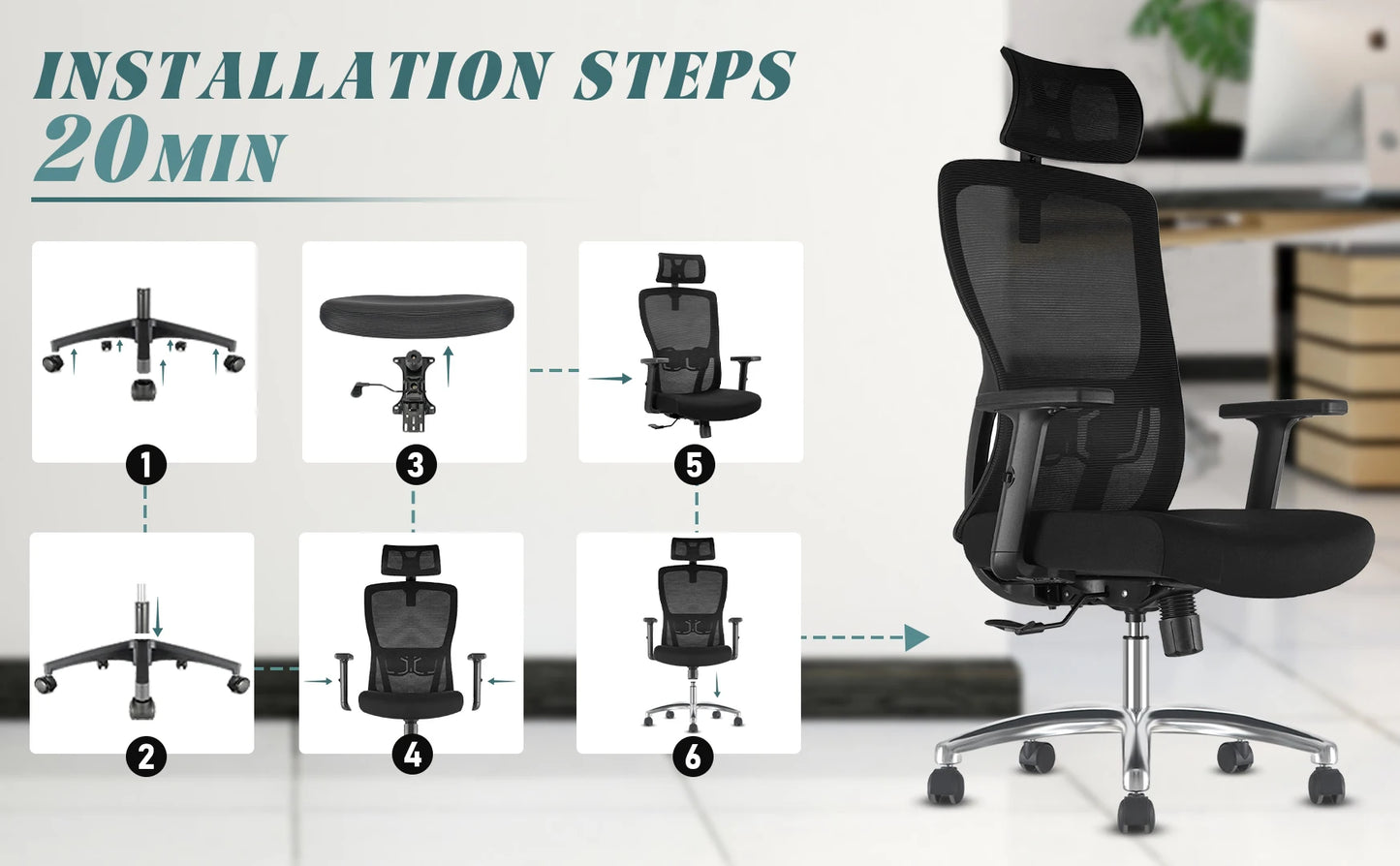 Durrafy Ergonomischer Bürostuhl, Schreibtischstuhl mit verstellbarer Kopfstütze, Armlehnen und Lordosenstütze, Netzdrehstühle, Schwarz
