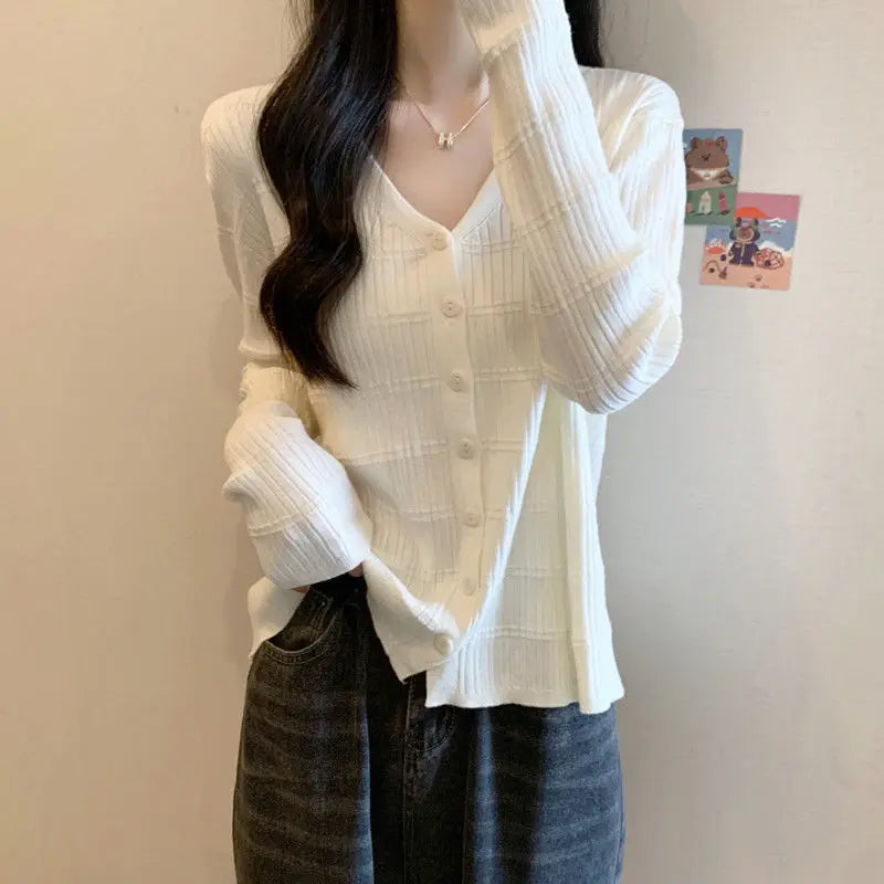 Women's Long-sleeved Button Cardigan Solid Color Casual Loose Fashion Top