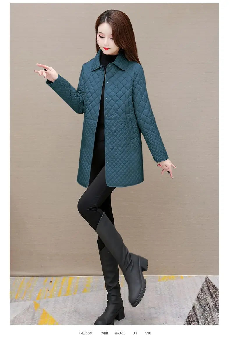 Herbst Winter Frauen Midi Plaid Stepp Mäntel Mode Weibliche Koreanische Kleidung Neue Feste Beiläufige Verdicken Warme Langarm Jacken
