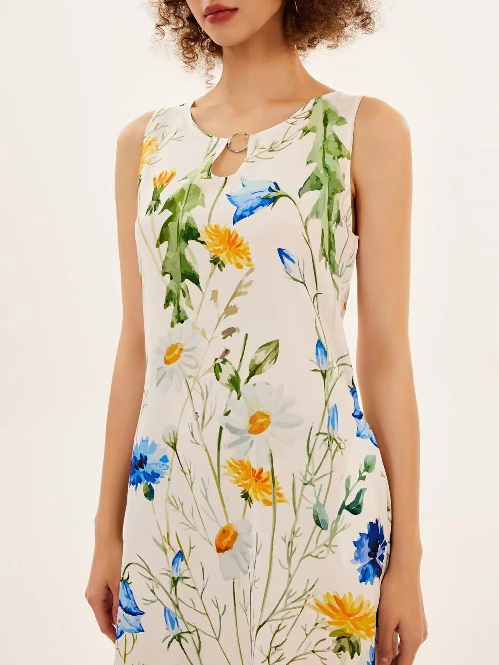 Blumendruck Neues lässiges ärmelloses langes Kleid Damen V-Ausschnitt bedrucktes Kleid Swing Bohemian Retro Kleider