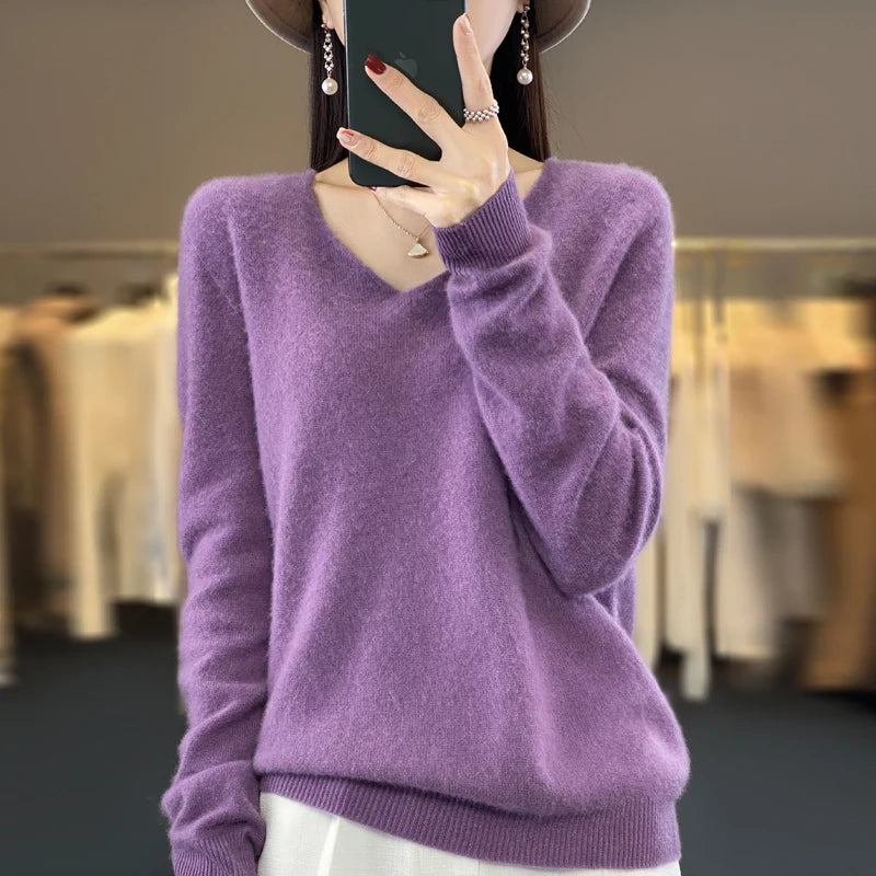 2024 100% Merino Reine Wolle V-ausschnitt Herbst Und Winter Pullover Pullover Neue Kaschmir Pullover frauen Beiläufige Gestrickte Top DMR201