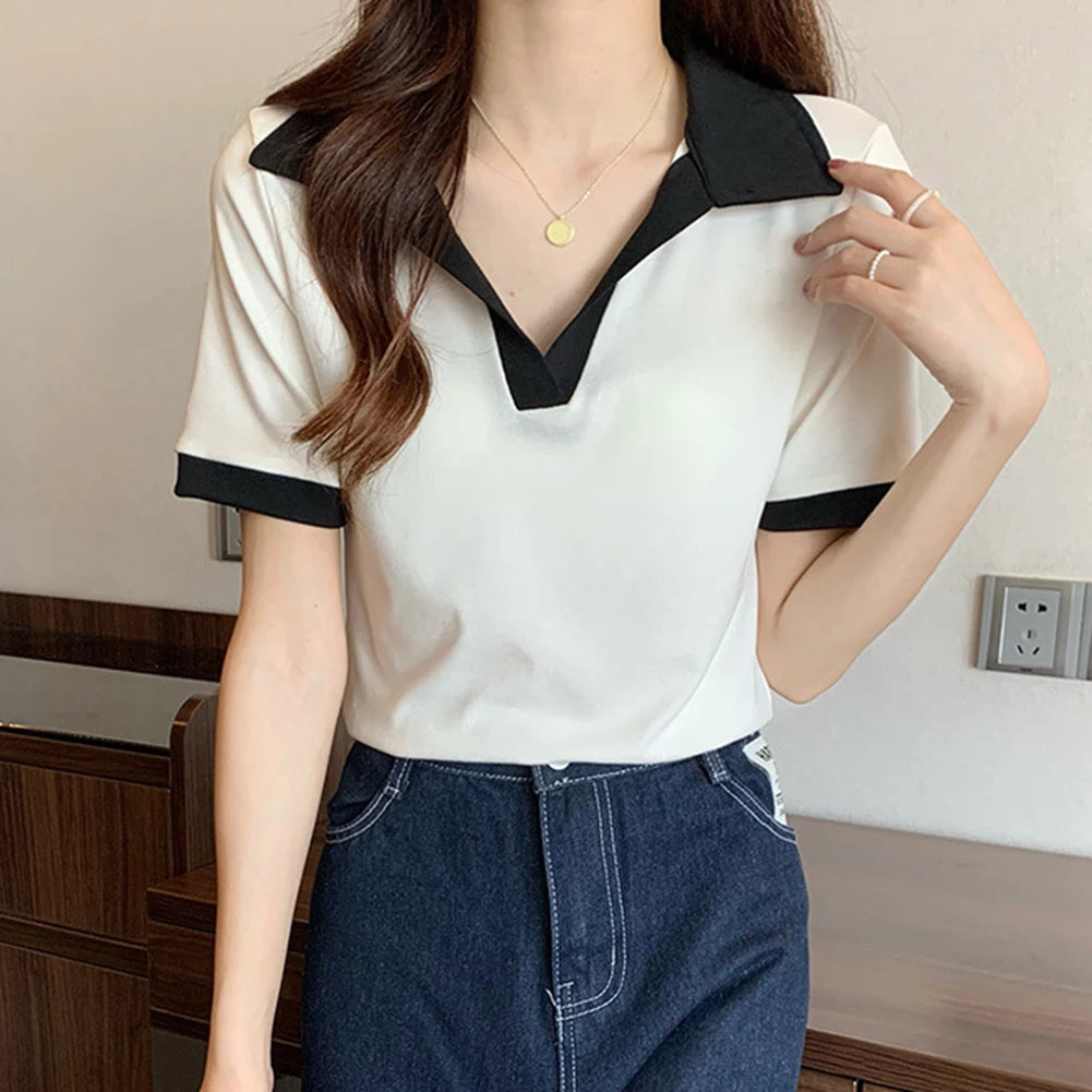 Splicing Pattern Blouse Lapel Short Sleeve Ideal For Casual Outings L Bust 76-90cm Daily Wear Casual Lapel Top.