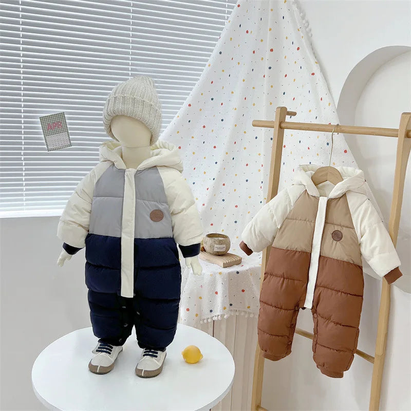 Winter Neue Baby Strampler Jungen Mädchen Patchwork Dicke Plus Samt Overalls Winddicht Mit Kapuze Overalls Schneeanzug Ein Stück Body