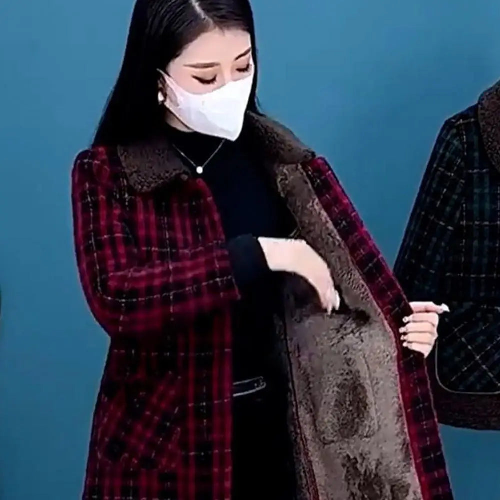 Frauen Plaid Mantel Karierten Winter Mutter Jacke Taschen drehen-unten Kragen einreiher Mid Länge Mantel Mid-aged frauen Mantel
