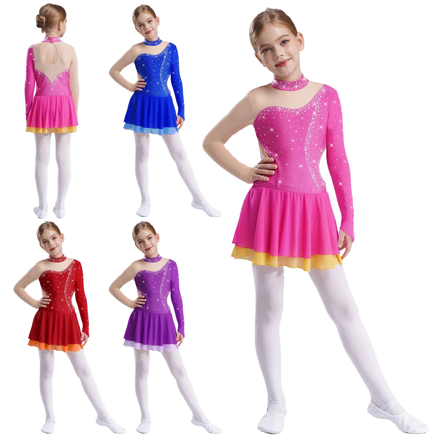 Kinder Mädchen Eiskunstlauf Kleid Lyrical Ballett Tanz Rhythmische Gymnastik Leistung Kostüm Langarm Strass Trikot