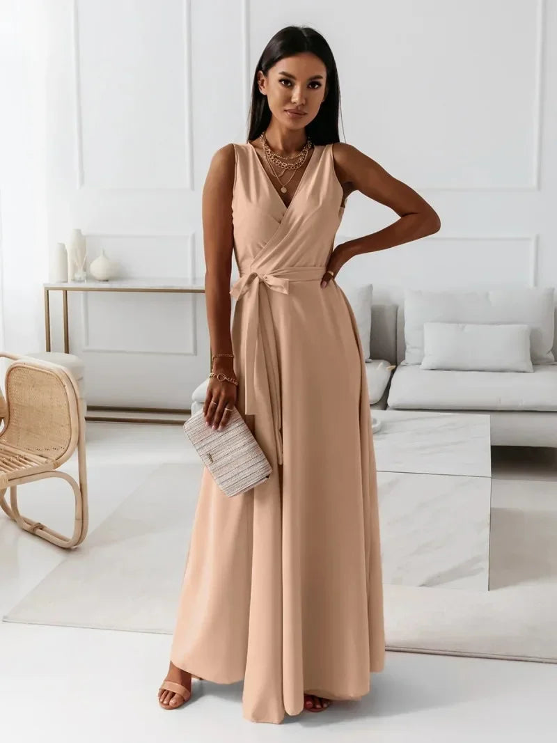Frühling Sommer Neue Stil frauen Lange V-ausschnitt Kleid Reine Farbe Maxi Kleid Ärmelloses Empire-Taille Kleid für Damen Modische