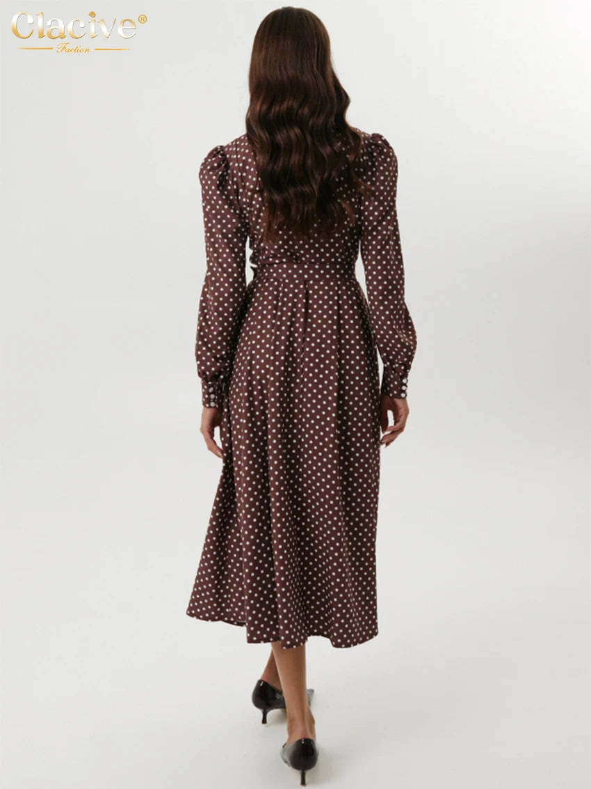 Clacive Mode Lose Druck Frauen Kleid 2025, Casual Revers Langarm Büro Dame Midi Kleider Elegante Klassische Gürtel Weibliche Kleid