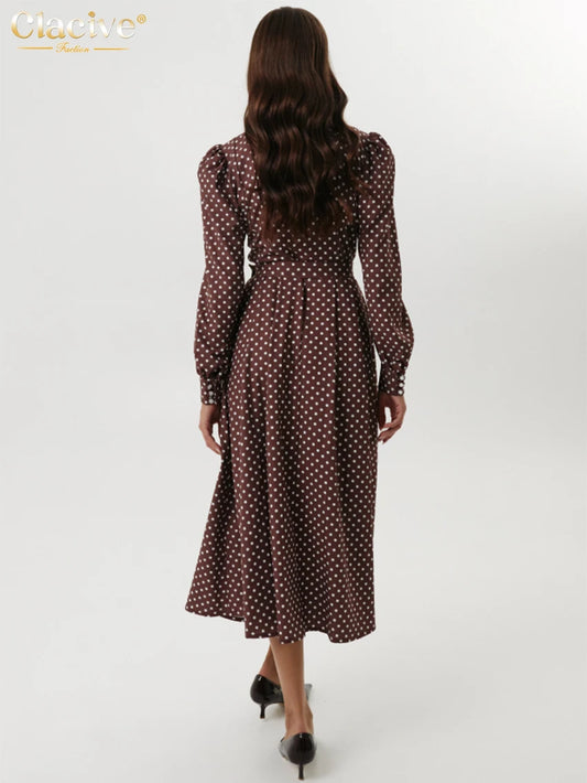 Clacive Mode Lose Druck Frauen Kleid 2025, Casual Revers Langarm Büro Dame Midi Kleider Elegante Klassische Gürtel Weibliche Kleid.