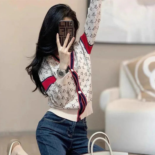 Women Knitwear Fashion Letter Jacquard Thin Cardigan Spring Slim Y2K V-neck Long Sleeve Tops Commute Vintage Sweaters.