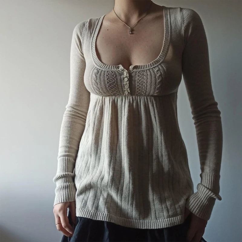 2000er Jahre Vintage Langarm Babydoll Strickpullover Tops Cottage Milkmaid Pullover Ästhetische Grunge Y2k Strickwaren T-Shirts Damen