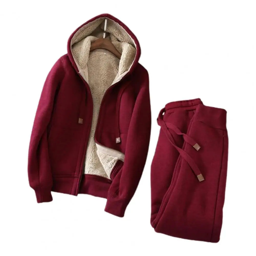 Women's Sweatshirt Pants Suit Autumn and Winter Warm Long-sleeved Fleece Thick Hoodie Coat Jogger Pants Sportswear Two-piece Set