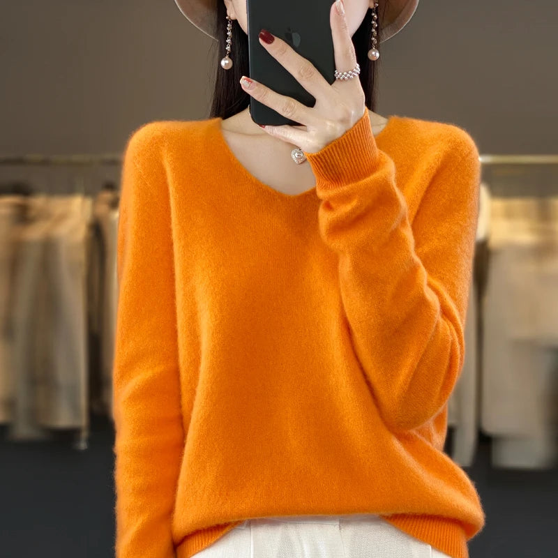 2024 100% Merino Reine Wolle V-ausschnitt Herbst Und Winter Pullover Pullover Neue Kaschmir Pullover frauen Beiläufige Gestrickte Top DMR201