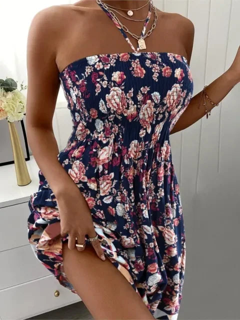Sommer Sexy Neckholder Ärmellose Minikleider Für Frauen Boho Blume Gedruckt Strandkleid Damen Strap Neck Casual Urlaubskleid.