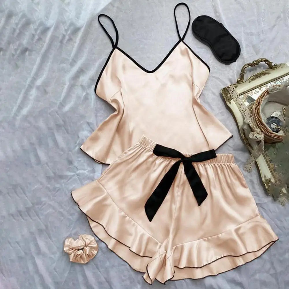 Damen-Pyjama-Set mit Trägern, elegantes Satin-Damen-Pyjama-Set mit Spaghettiträger-Oberteil, rückenfrei, V-Ausschnitt, Rüschen, plissiert für Komfort