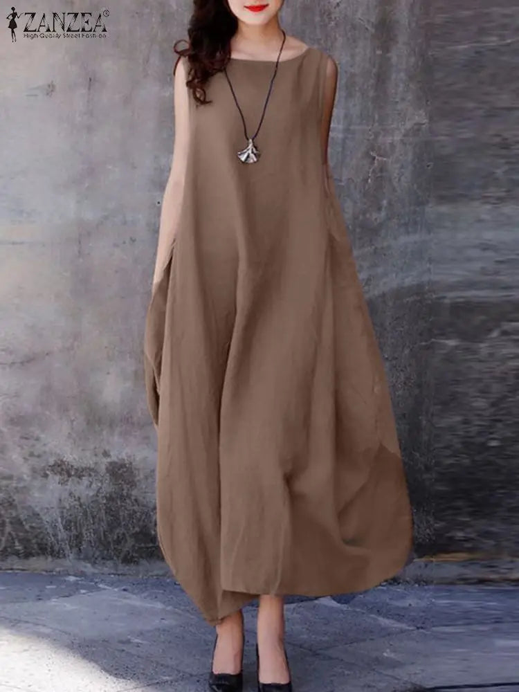 ZANZEA Sommer Mode Urlaub Kleid Robe Femme Frauen Elegante Ärmellose Maxi Vestidos 2024 Casual Lose Sommerkleid Oversize Kaftan