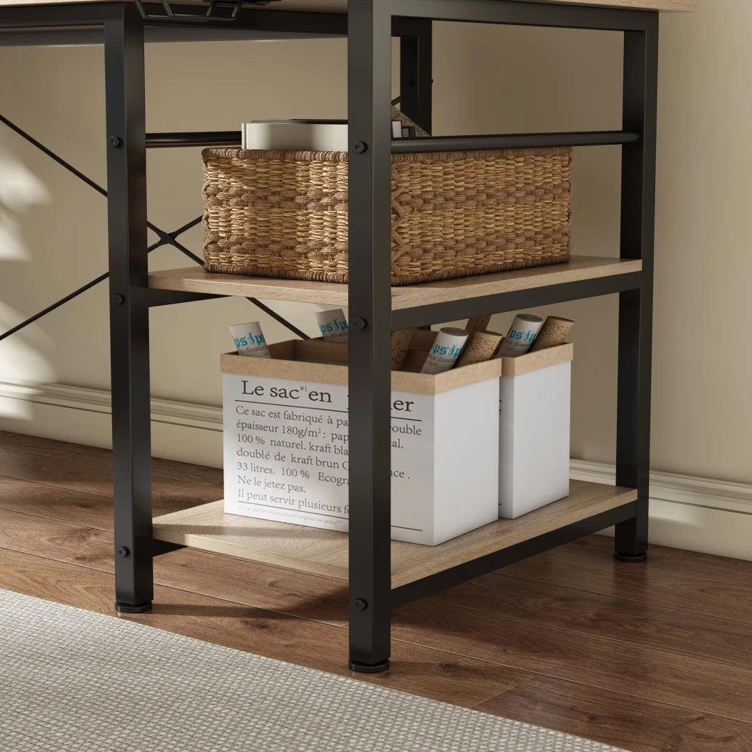 Eckschreibtisch mit Doppelablage L-förmig Computer Tisch mit Regal und Haken höhenverstellbar 140cm